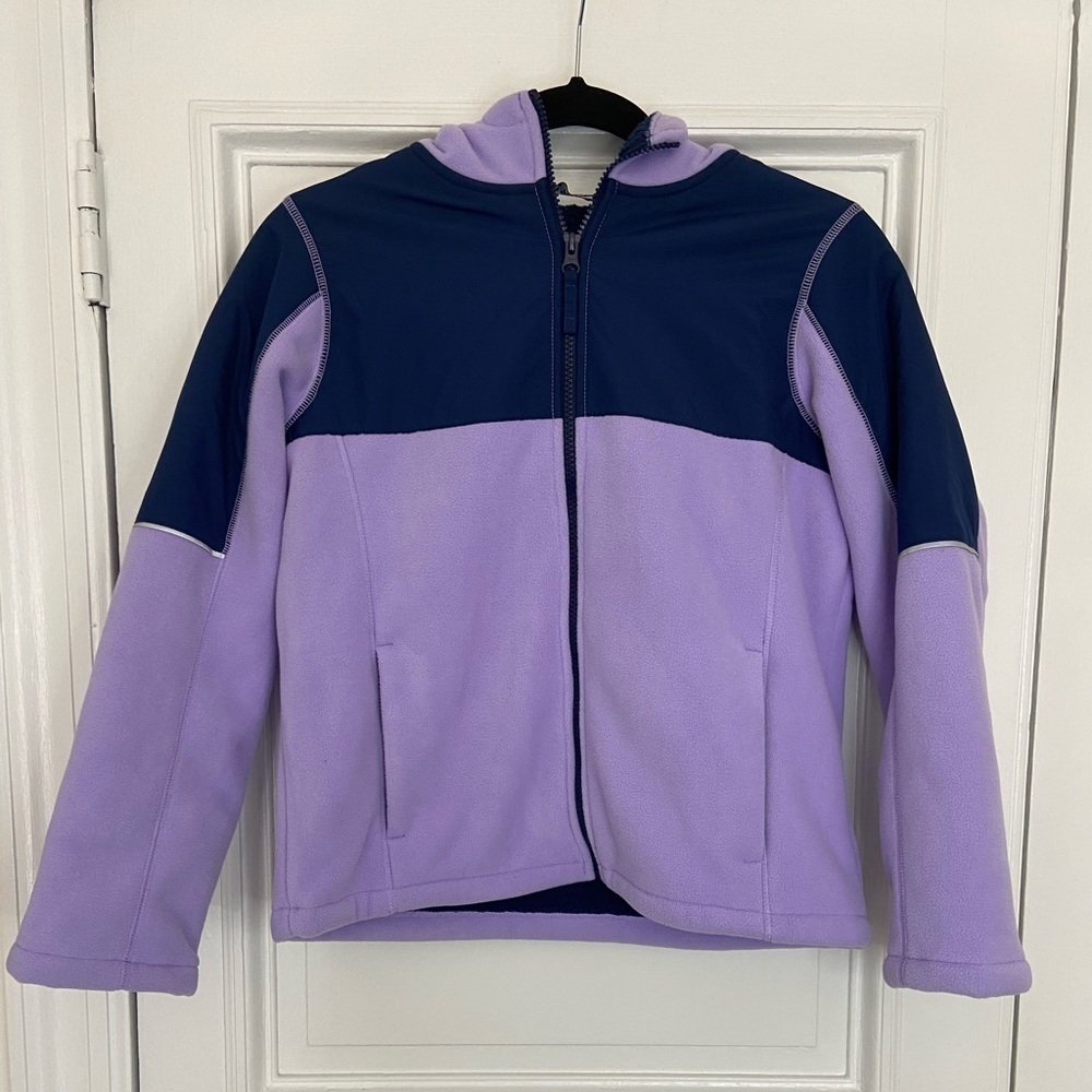 Lands End Sherpa Lined Purple Navy Blue Fleece Full Zip Hooded Jacket Coat Girls
